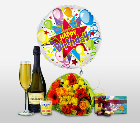Birthday Celebration Gift Set-Birthday,Wine,Chocolates,UK,Bouquet,Balloon,Candles