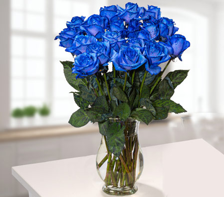10 Blue Roses with Glass Vase