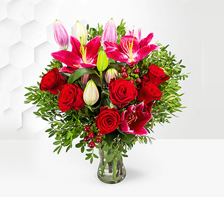 Be Mine Romantic Bouquet-Rhodos red roses and stargazer lilies with handmade british truffles