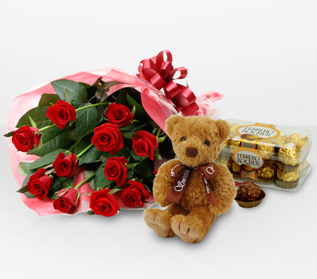Valentines Combo - Roses with Teddy and Chocolates