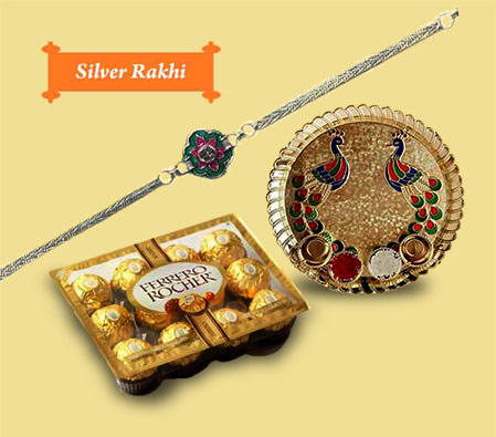Silver Rakhi with Thali and Ferreo Rocher