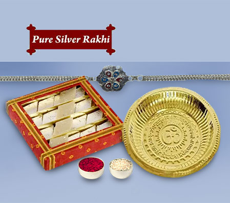 Rakhi Combo - Silver Rakhi with Thali and Kaju Katli