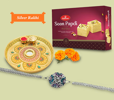 Round Pearl Rakhi with Crafted Thali and Soan Papdi