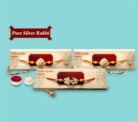 Set of Three Pure Silver Rakhi with Roli Chawal