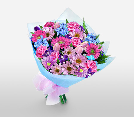 Timeless - Mix Fresh Flowers-Blue,Mixed,Pink,Purple,Chrysanthemum,Daisy,Gerbera,Mixed Flower,Rose,Bouquet