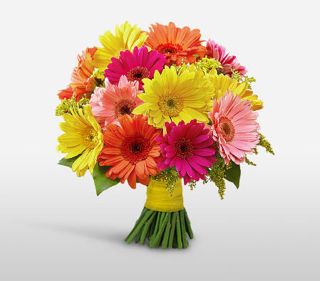 Blissful Daisies-Mixed,Orange,Peach,Red,Yellow,Gerbera,Daisy,Bouquet,Flowers