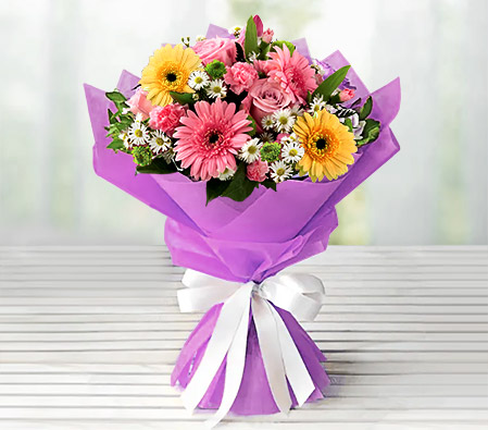 Alluring Mixed Flowers-Mixed,Pink,White,Yellow,Rose,Mixed Flower,Gerbera,Daisy,Carnation,Bouquet