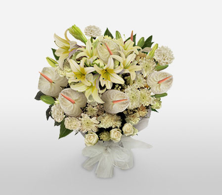 Blushing Ivory-White,Lily,Chrysanthemum,Carnation,Anthuriums,Mixed Flower,Bouquet