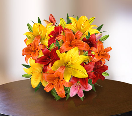Vibrant Mixed Asiatic Lilies-Mixed,Orange,Red,Yellow,Lily,Bouquet
