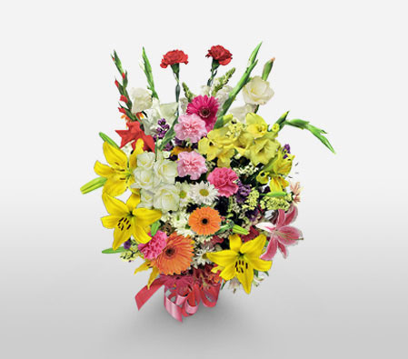 Bright Blooms-Mixed,Orange,Pink,Red,White,Yellow,Carnation,Gerbera,Lily,Mixed Flower,Bouquet