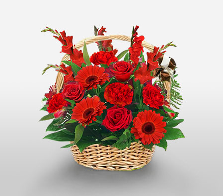 Crimson-Red,Carnation,Gerbera,Mixed Flower,Rose,Arrangement,Basket