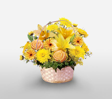 Amalfi Coast-Yellow,Carnation,Chrysanthemum,Gerbera,Lily,Mixed Flower,Rose,Arrangement,Basket