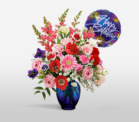 Birthday Fireworks-Mixed,Pink,Red,White,Balloons,Carnation,Chrysanthemum,Gerbera,Mixed Flower,Arrangement