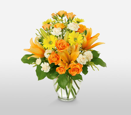 Florida Keys - Mixed Flowers Arrangement-Mixed,Orange,White,Yellow,Carnation,Lily,Mixed Flower,Rose,Arrangement