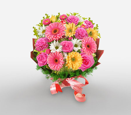 Pretty In Pink-Mixed,Pink,White,Yellow,Carnation,Daisy,Gerbera,Mixed Flower,Bouquet