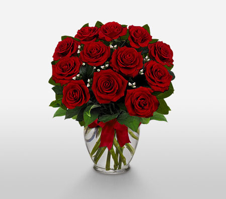 Dozen Roses In A Vase-Red,Rose,Arrangement