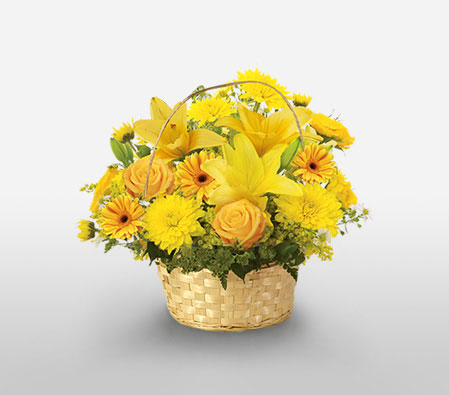 Basket Of Sunshine-Yellow,Chrysanthemum,Daisy,Gerbera,Lily,Mixed Flower,Rose,Arrangement