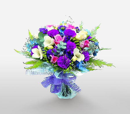Rainbow Blooms-Blue,Mixed,Pink,Purple,White,Freesia,Mixed Flower,Rose,Bouquet