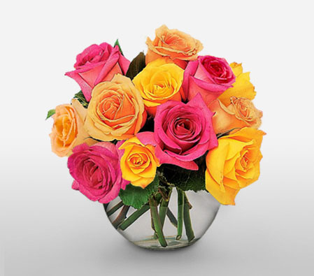 12 Pink And Yellow Roses-Pink,Yellow,Rose,Arrangement