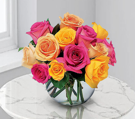 12 Pink And Yellow Roses-Pink,Yellow,Rose,Arrangement
