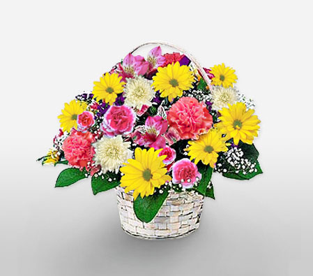 Simple Satisfaction-Mixed,Pink,Yellow,Alstroemeria,Carnation,Chrysanthemum,Mixed Flower,Basket