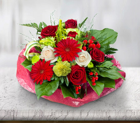 Full Of Love - VDay Arrangement-Green,Mixed,Red,White,Carnation,Gerbera,Mixed Flower,Rose,Arrangement