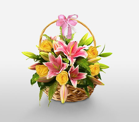 Roses And Lilies Arrangement In A Basket-Mixed,Pink,Yellow,Lily,Mixed Flower,Rose,Arrangement,Basket