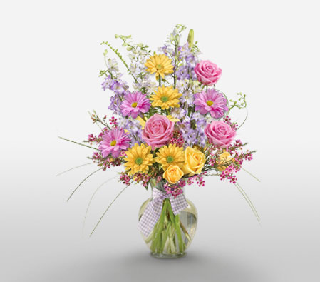 Panoramic View-Mixed,Pink,Yellow,Daisy,Mixed Flower,Rose,Arrangement