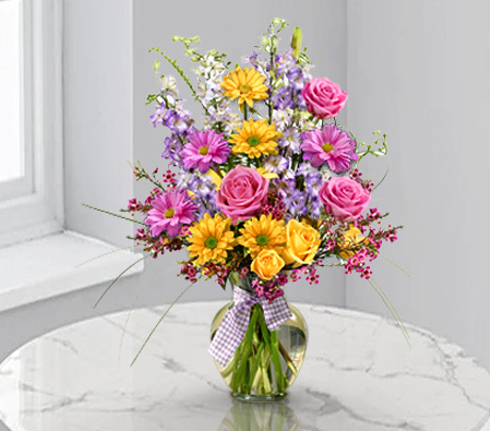 Soft Pastels - Mix Flowers In Vase-Mixed,Pink,Yellow,Daisy,Mixed Flower,Rose,Arrangement