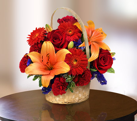 Mixed Flowers In Basket-Mixed,Orange,Red,Carnation,Daisy,Gerbera,Lily,Mixed Flower,Rose,Arrangement,Basket