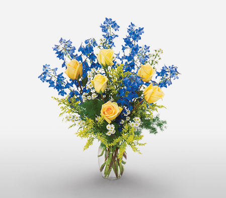 Beautiful Gift-Blue,Yellow,Mixed Flower,Rose,Arrangement