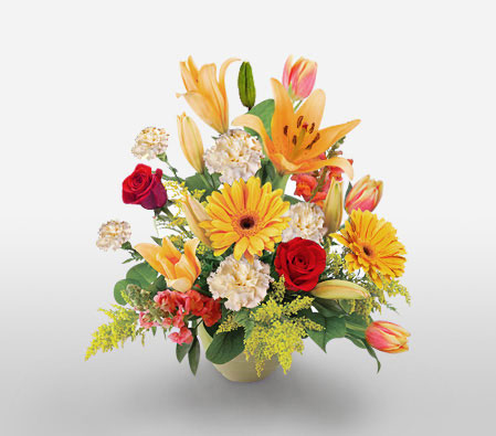 Majestic Allure-Mixed,Orange,Red,White,Tulip,Rose,Mixed Flower,Lily,Gerbera,Carnation,Arrangement