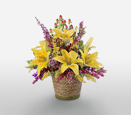 Delightful Sunshine - Yellow Lilies-Pink,Yellow,Lily,Mixed Flower,Arrangement