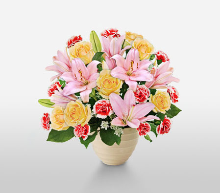 Sweet Expressions-Mixed,Pink,Red,Yellow,Carnation,Lily,Mixed Flower,Rose,Arrangement