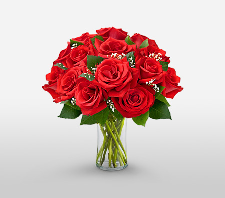 12 Red Roses In Vase-Red,Rose,Bouquet
