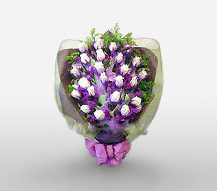 18 White Roses-Purple,White,Rose,Bouquet
