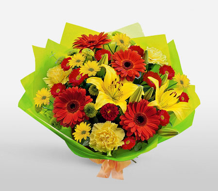 Freshness-Green,Mixed,Red,Yellow,Chrysanthemum,Daisy,Gerbera,Lily,Mixed Flower,Bouquet