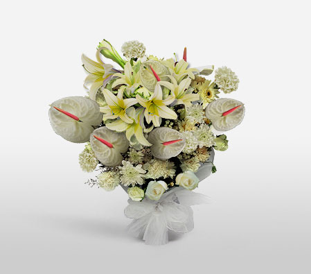 Blushing Ivory-White,Anthuriums,Carnation,Chrysanthemum,Lily,Mixed Flower,Bouquet