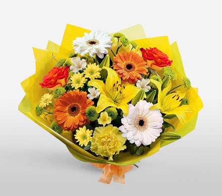 Matthiola Bouquet-Orange,Peach,White,Yellow,Daisy,Gerbera,Lily,Mixed Flower,Rose,Bouquet