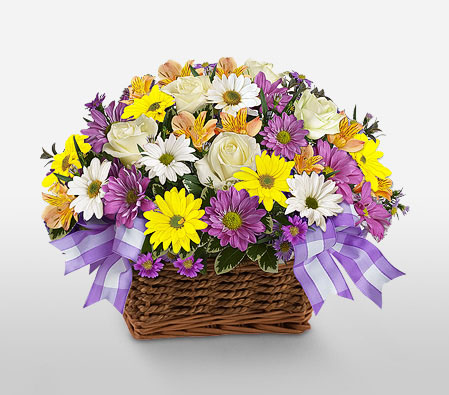 Summer Rush-Lavender,Purple,Violet,White,Yellow,Chrysanthemum,Daisy,Rose,Arrangement,Basket