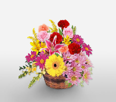 Basket Of Charms - Mixed Flowers Basket-Mixed,Pink,Red,Yellow,Gerbera,Lily,Mixed Flower,Rose,Arrangement,Basket