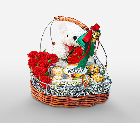 Romantic Gift - Red Roses, Teddy and Chocolates-Red,Chocolate,Rose,Teddy,Basket,Hamper