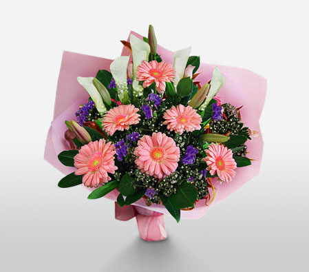 Elegant Geberas & Lilies-Peach,White,Daisy,Gerbera,Lily,Bouquet
