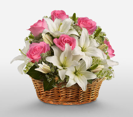 Sentimental Surprise-Pink,White,Lily,Rose,Basket