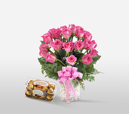 Pink Roses & Ferrero Rocher-Pink,Chocolate,Rose,Bouquet