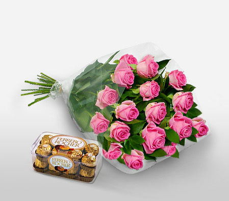 24 Pink Roses & Free Chocolates-Pink,Chocolate,Rose,Bouquet,Hamper