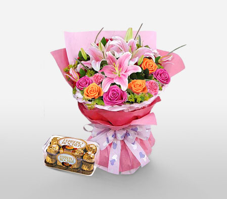 Mixed Bouquet - Free Ferrero-Orange,Pink,Rose,Mixed Flower,Lily,Chocolate,Carnation,Hamper