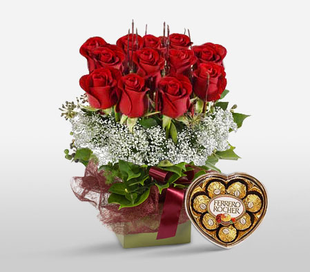 Blooming Love - Rose Gift Combo-Red,Rose,Chocolate,Arrangement,Hamper