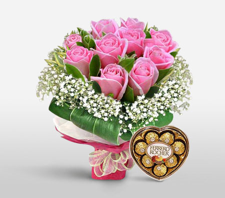 Love Affair - Roses + Chocolates-Pink,Chocolate,Rose,Arrangement,Hamper