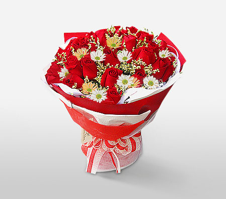 Simply Elegant - Anniversary Flowers-Red,White,Chrysanthemum,Rose,Bouquet